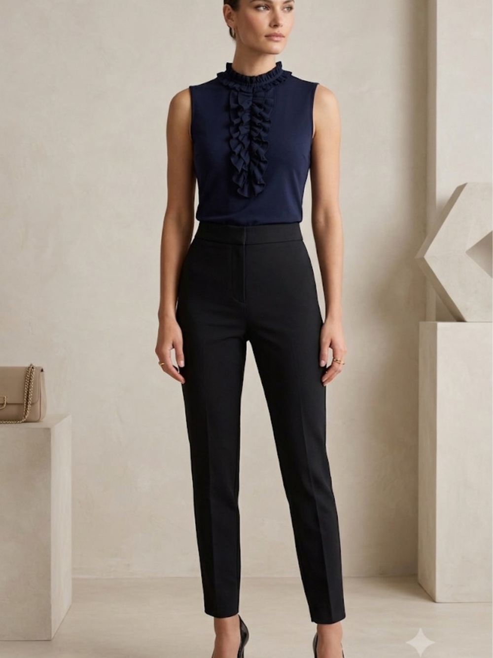 Tory Burch Navy Ruffle Front Sleeveless Blouse